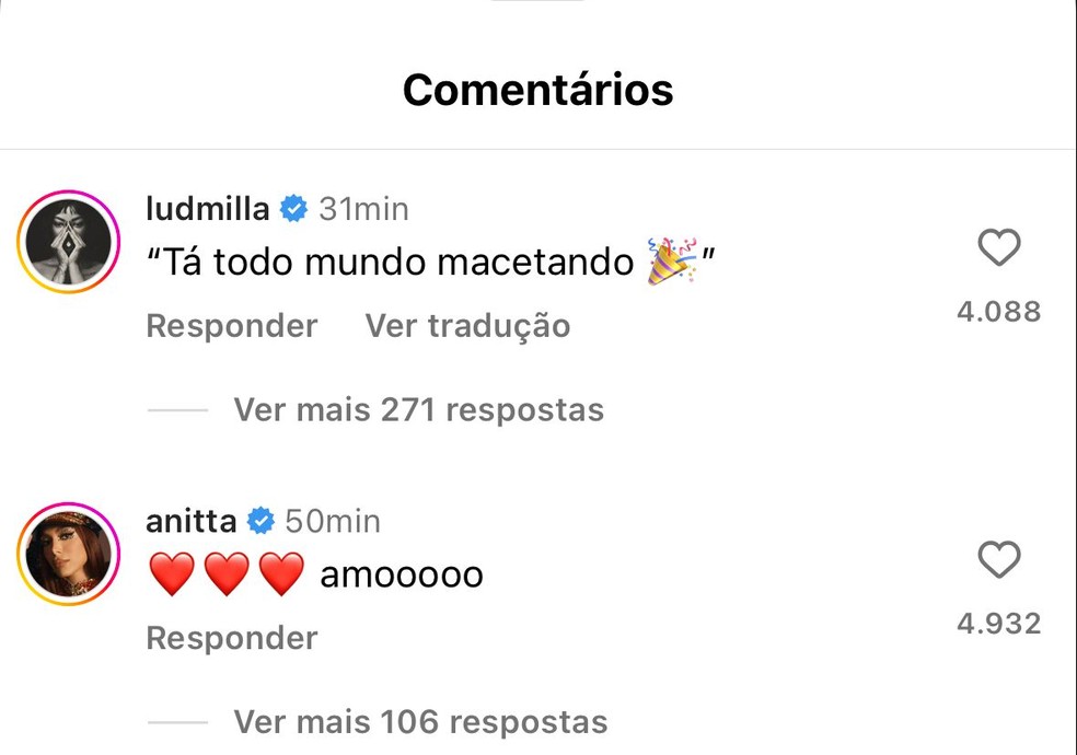 Ludmilla comenta no post em que Ivete canta com Anitta - Foto: Reprodução Instagram