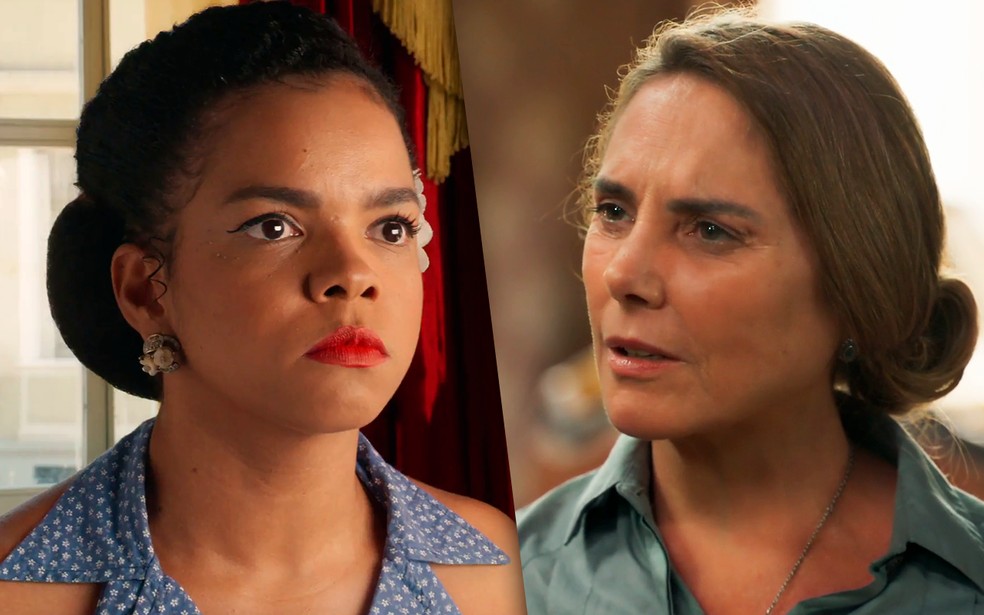 Em Êta Mundo Melhor!, Zulma (Heloisa Périssé) tenta arruinar com carreira de Dita (Jeniffer Nascimento) — Foto: Globo