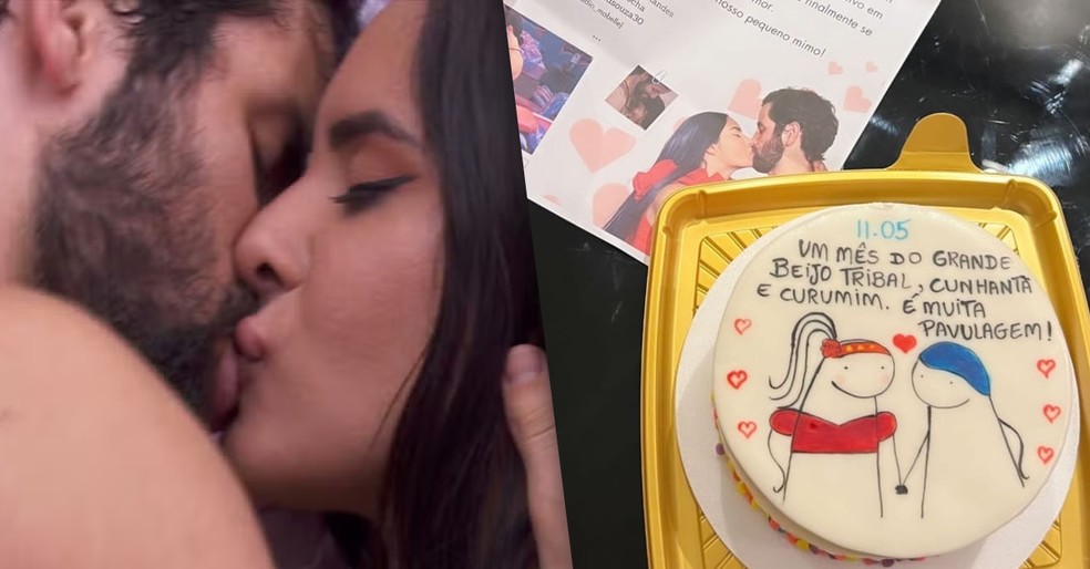 Fãs de Matteus e Isabelle, do BBB 24, celebram 1 mês do primeiro beijo 'tribal' do casal com bolo temático — Foto: TV Globo/Instagram