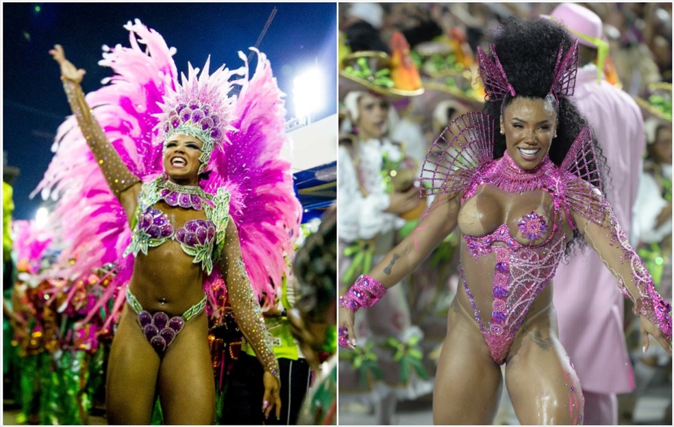 Evelyn Bastos na estreia na Mangueira, em 2014, e no desfile de 2025 &mdash; Foto: Buda Mendes/Getty Images e Alex Ferro | Riotur
