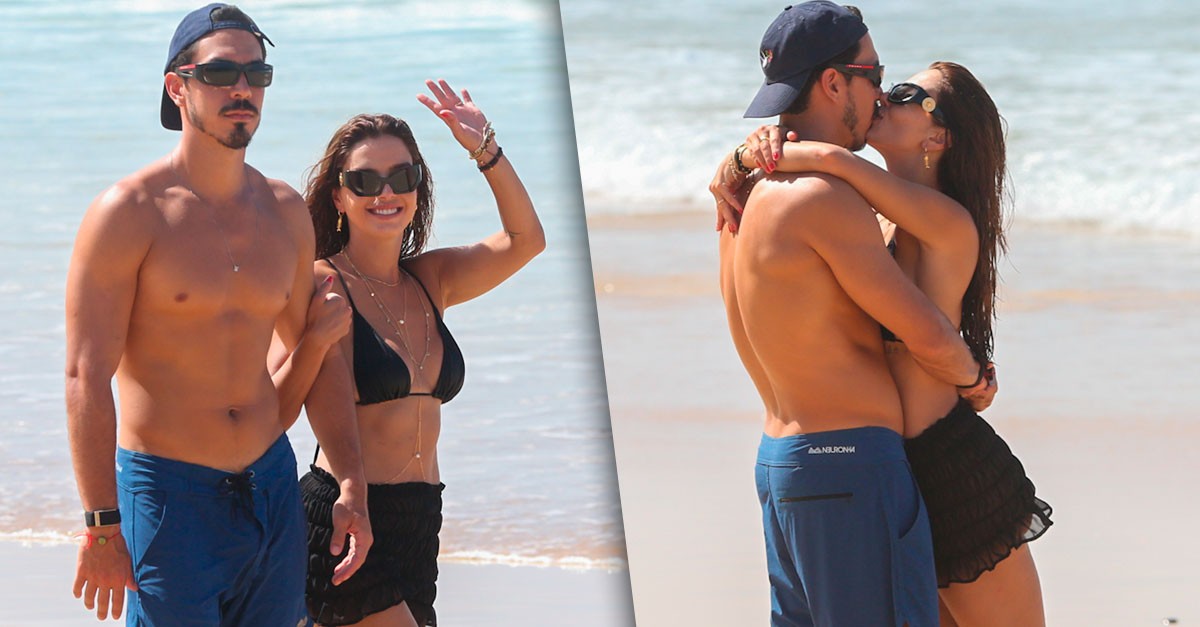 Giovanna Lancellotti e Gabriel David beijam muito no primeiro domingo do ano em Fernando de Noronha