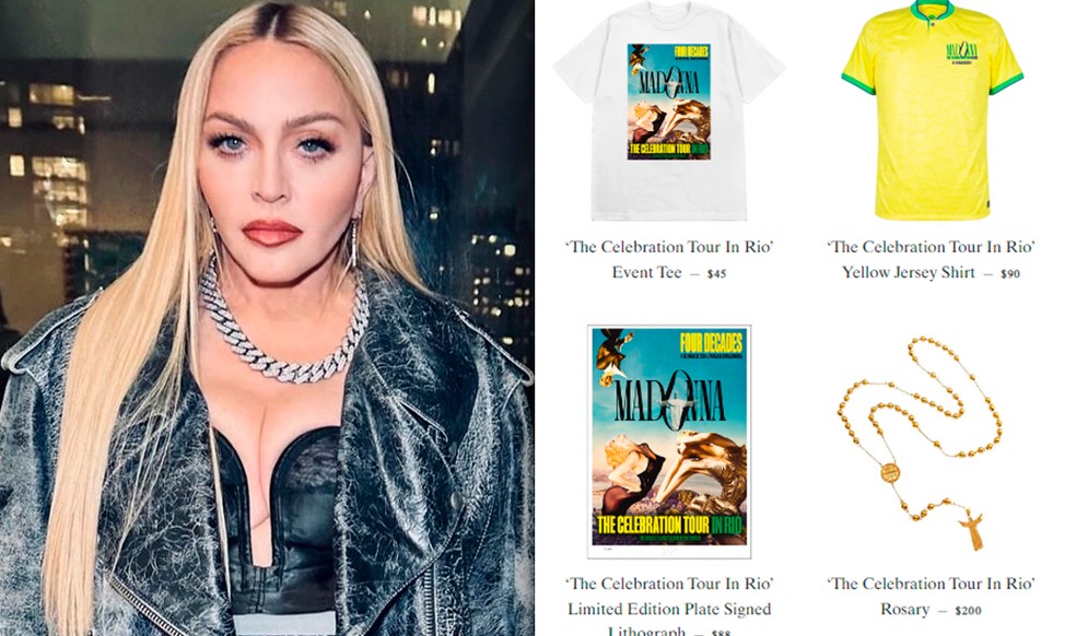 Loja de Madonna vende camisa oficial, terço de mil reais e mais
