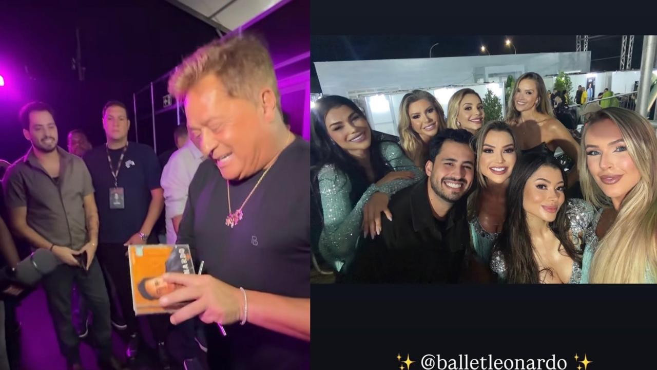 Matheus Vargas, filho de Leonardo, , acompanha o pai em show e posa com bailarinas