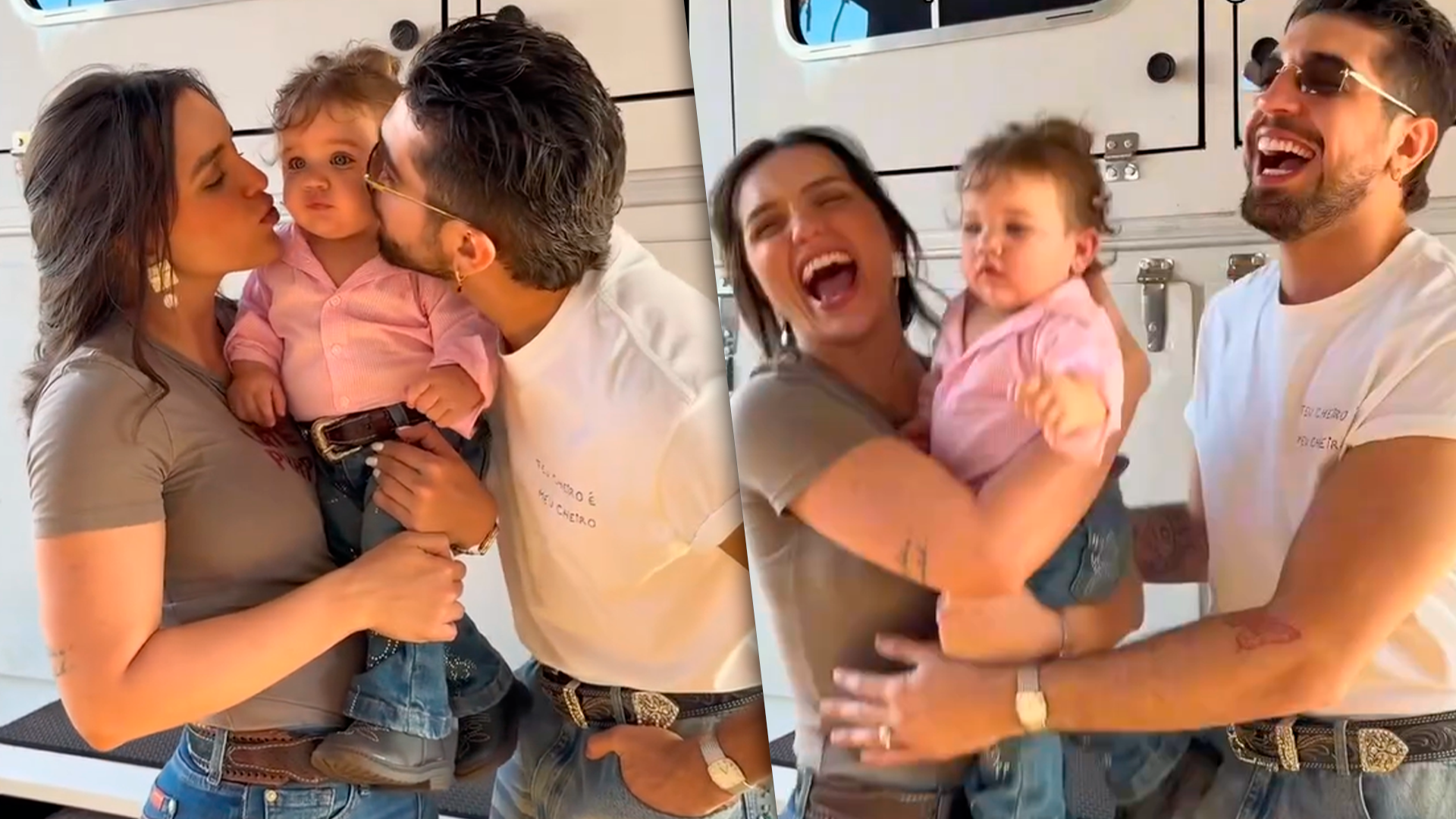 Rafa Kalimann e Nattan com a filha Zuza reproduzindo trend viral no camping da Festa do Peão de Barretos