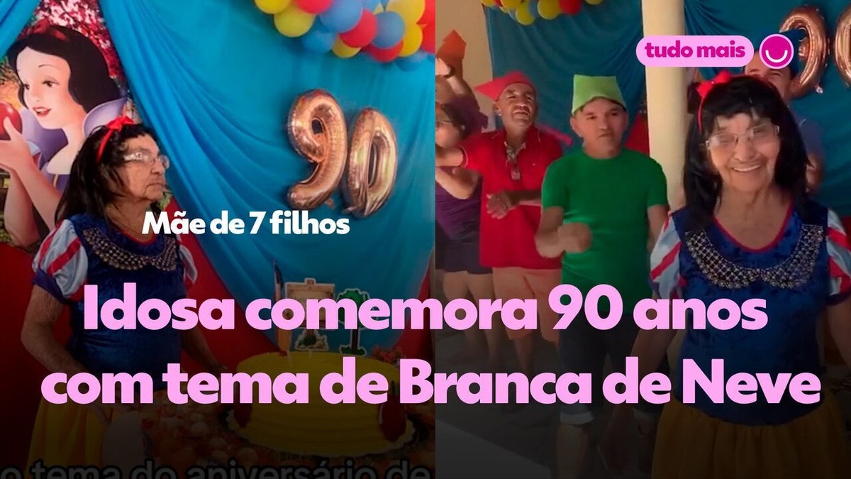 Idosa mãe de 7 filhos completa 90 anos com tema de Branca de Neve e os Sete  Anões