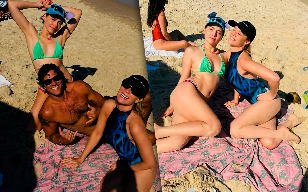Mariana Ximenes, Chay Suede e Letícia Colin aproveitando praia no domingo