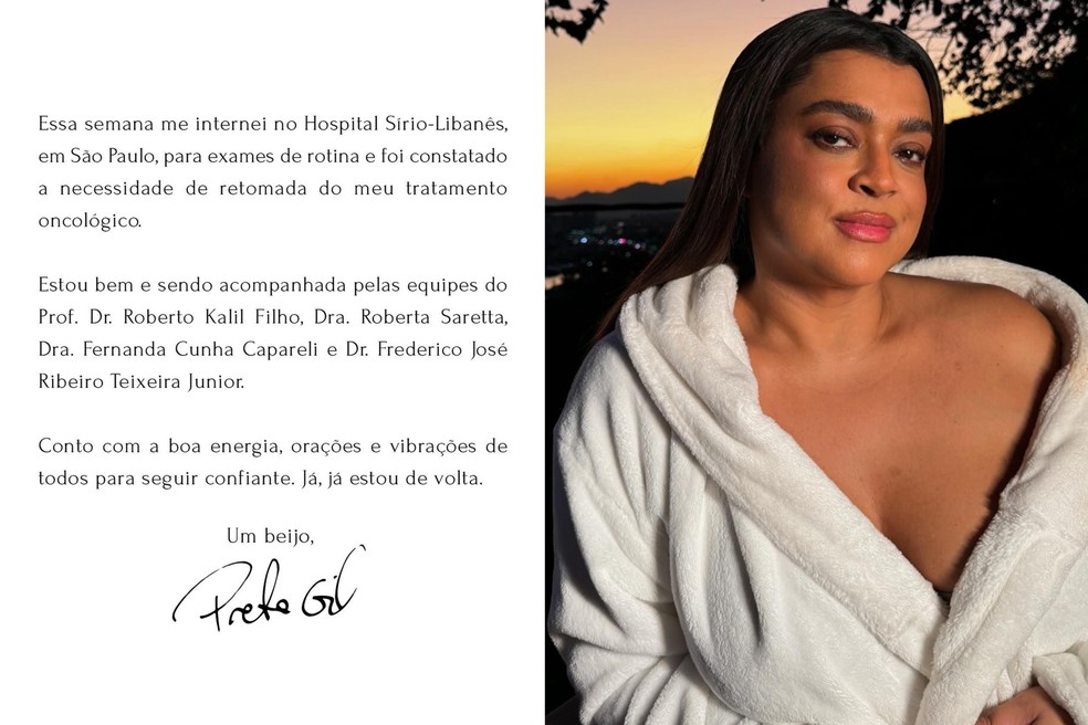 Preta Gil no anúncio da volta da doença — Foto: Instagram