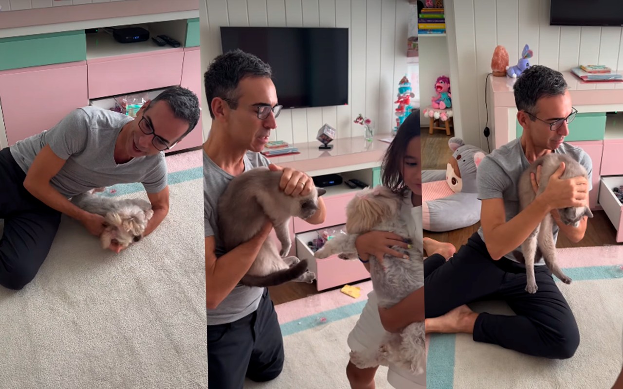 César Tralli causa explosão de fofura ao rolar no tapete com pets diante da filha