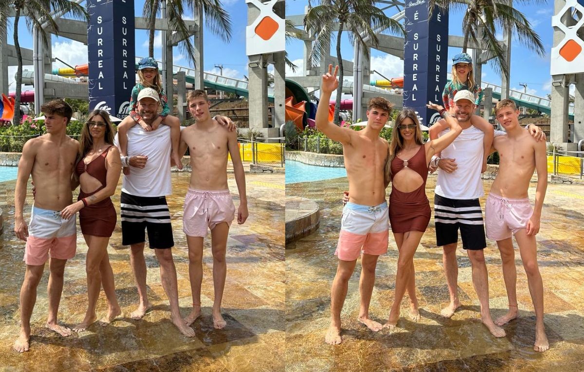 Fernanda Lima e Rodrigo Hilbert curtem parque aquático com gêmeos e altura impressiona