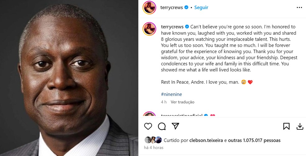 Terry Crews lamenta morte de Andre Braugher — Foto: Reprodução