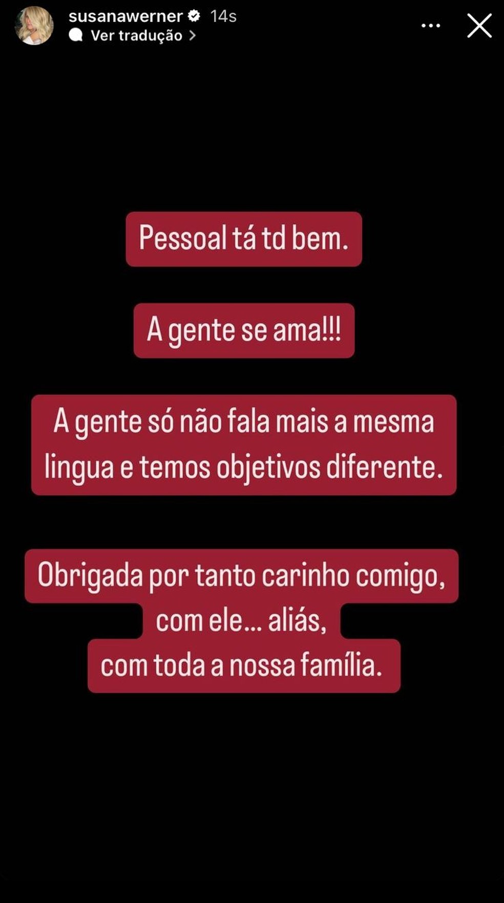 Susana Werner agradece aos fãs após anunciar término do casamento — Foto: Instagram