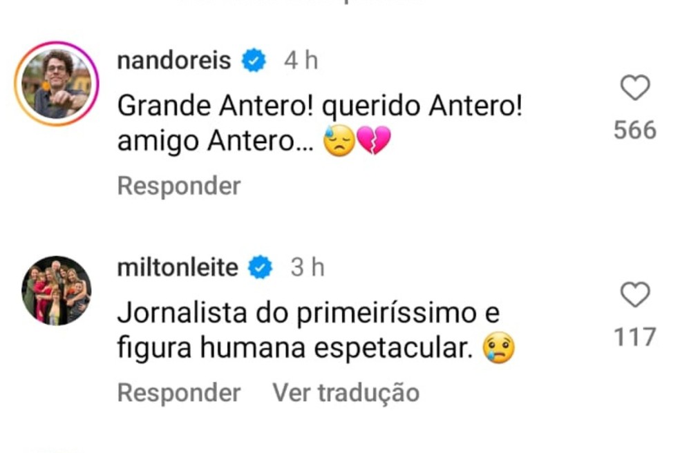 Famosos lamentam estado de saúde de Antero Greco em post do jornalista José Trajano — Foto: Instagram