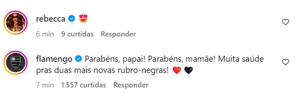 Rebecca e Flamengo  parabenizam Pedro Guilherme — Foto: Reprodução Instagram