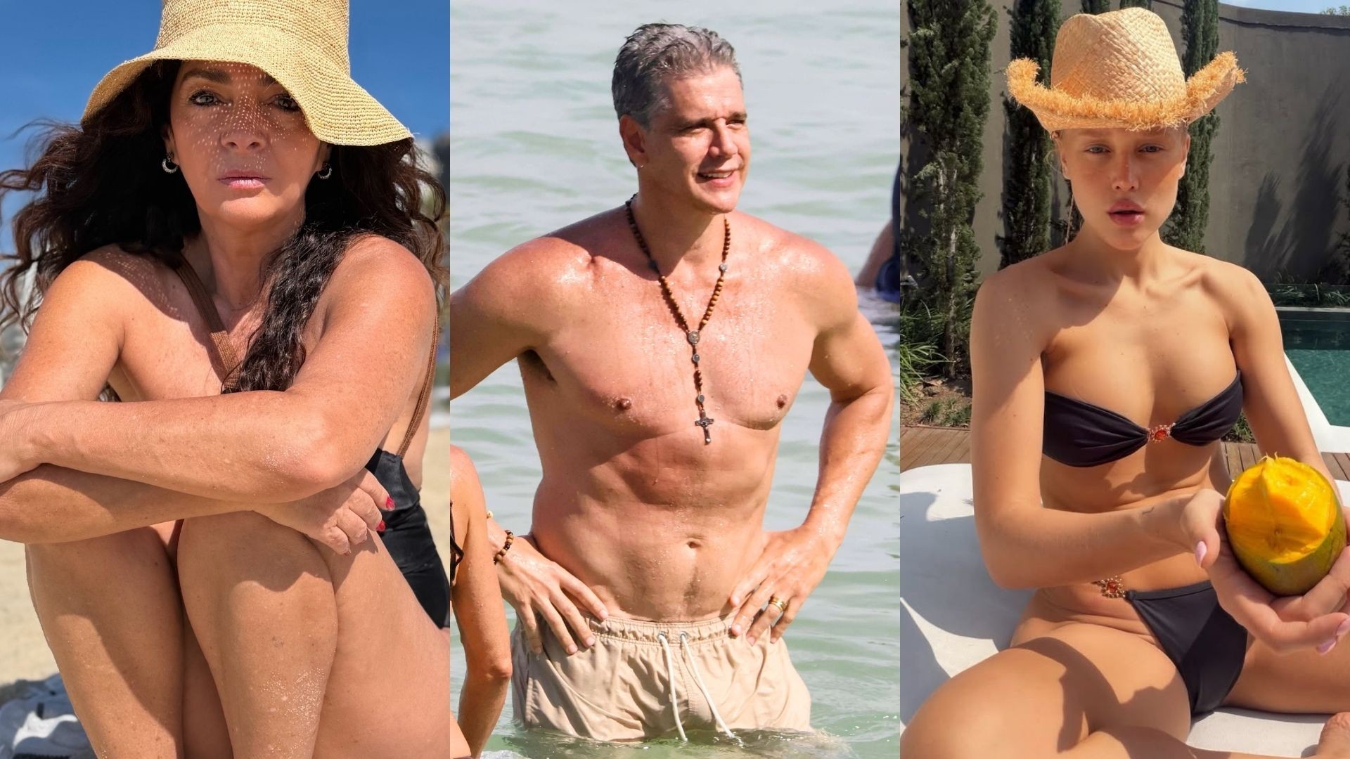 Claudia Ohana e famosos na praia de São Conrado em dia de sol