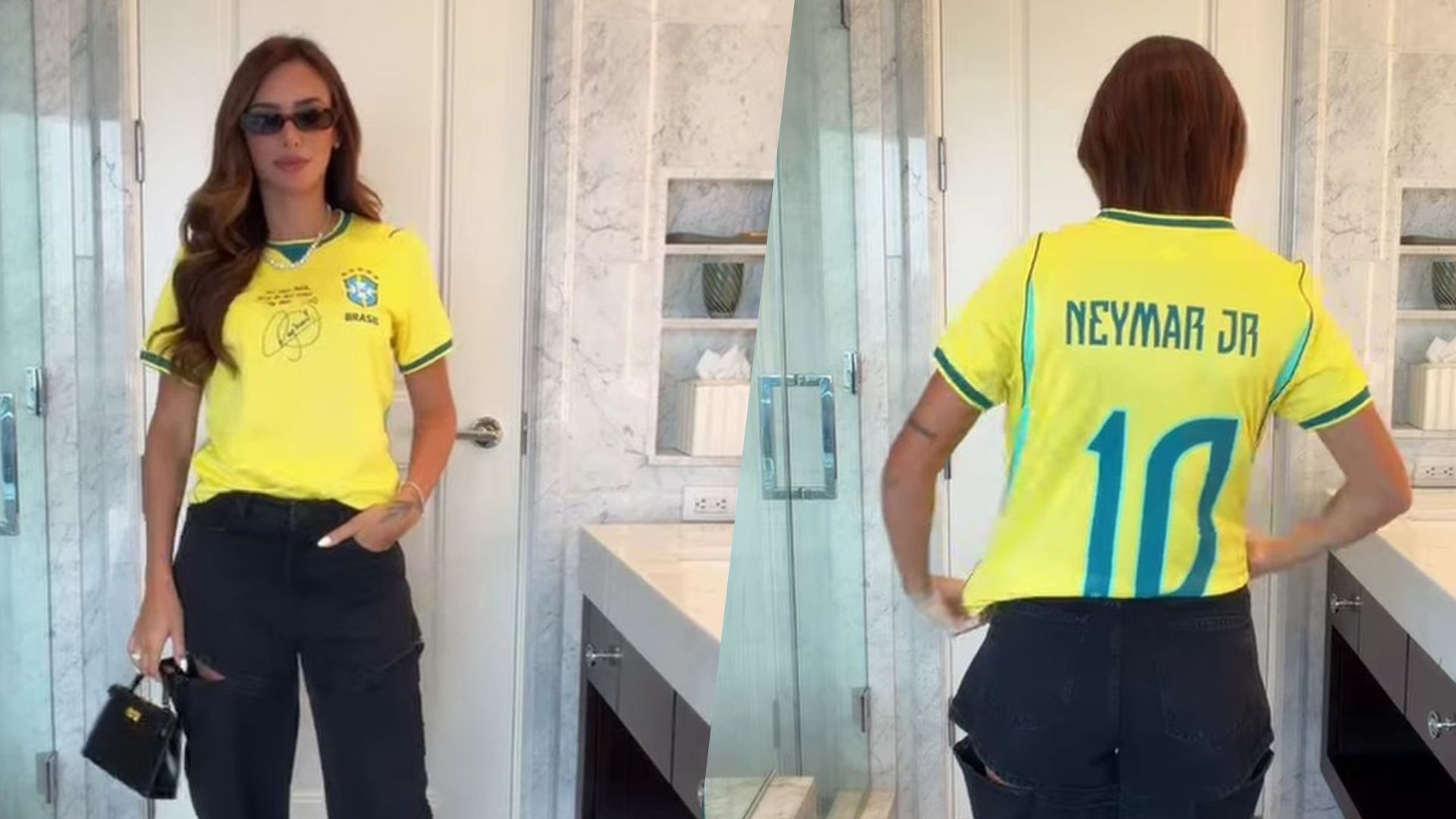 Bruna Biancardi conquista o público com visual básico e vence votação de melhor look do quarto jogo do Brasil