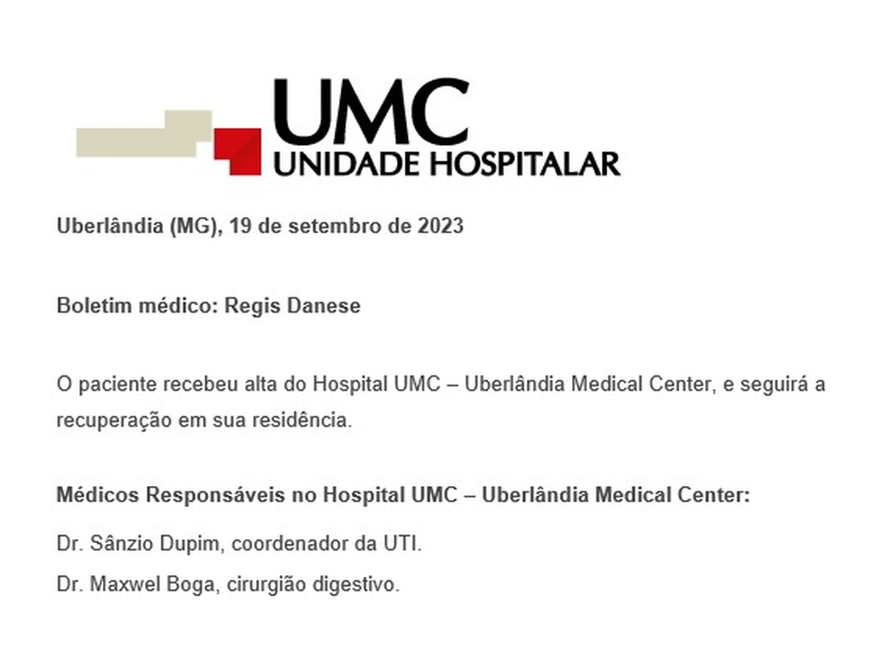 Hospital divuulga boletim médico de Regis Danese — Foto: Reprodução/Instagram