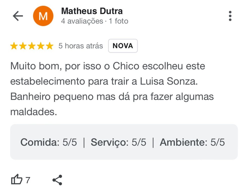 Luísa Sonza e Chico Moedas: usuários deixam resenhas em suposto bar de traição — Foto: Reprodução/Google