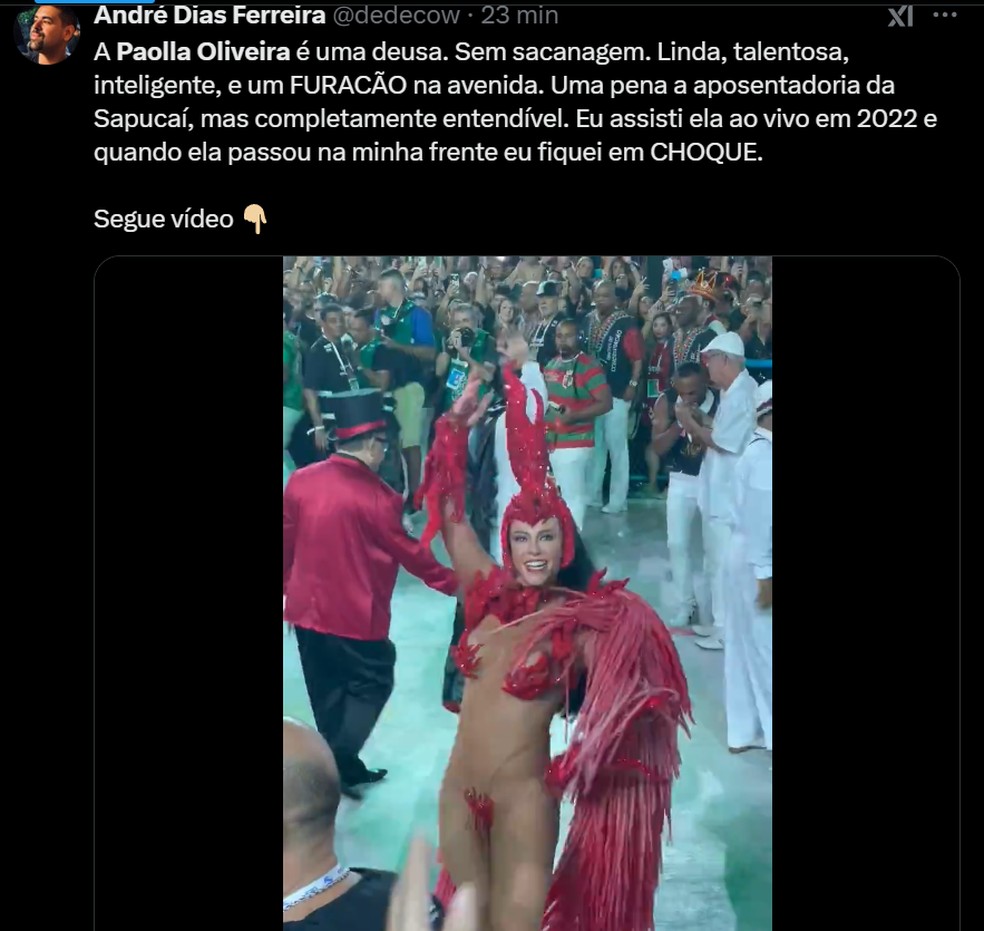 Paolla Oliveira anuncia despedida do posto de Rainha de Bateria da Grande Rio — Foto: Reprodução/X