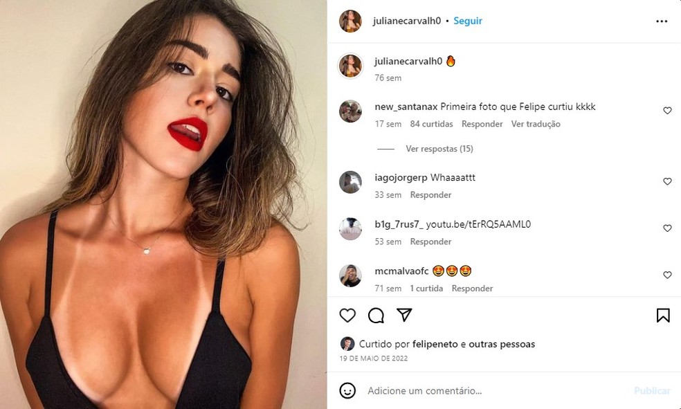 Felipe Neto curtiu a primeira foto de Juliane em maio de 2022 — Foto: Reprodução