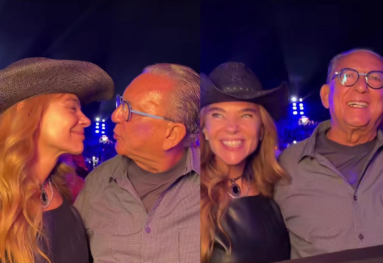 Em clima de romance, Galvão Bueno e Desirée Soares se beijam no show de Zé Neto & Cristiano