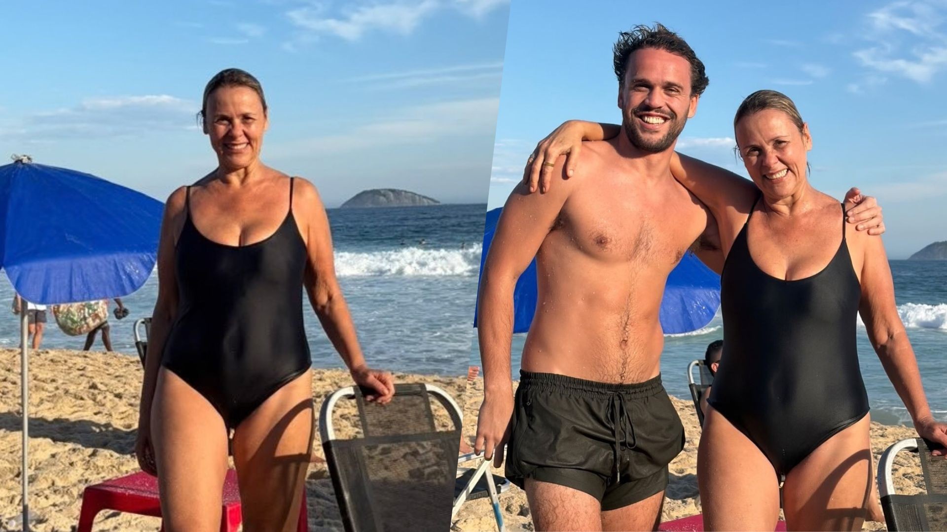 Giulia Gam sorridente na praia ao lado do filho Theo