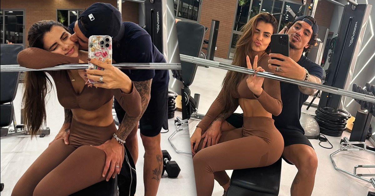 'Casal que malha junto, cresce junto'. Gabriel Medina e Isabella Arantes posam agarradinhos na academia