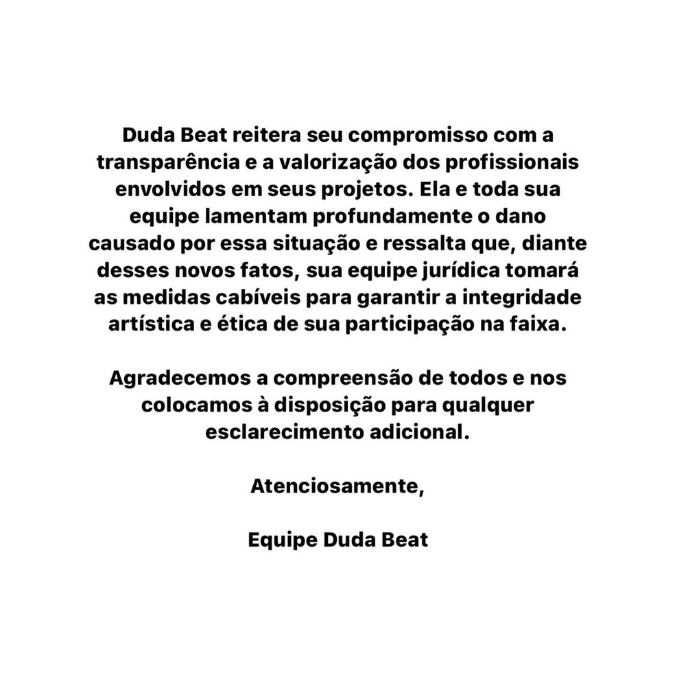 Duda Beat se pronuncia ap&oacute;s acusa&ccedil;&atilde;o de pl&aacute;gio de 'Amarelo', de Emicida &mdash; Foto: Reprodu&ccedil;&atilde;o/Instagram