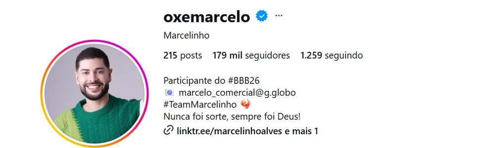 Veja quantos seguidores tem Marccelo, do BBB 26, atualmente — Foto: reprodução/Instagram