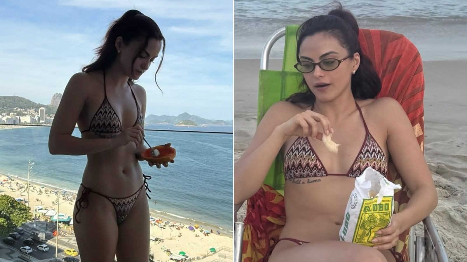 Filha de brasileiros, atriz Camila Mendes posa de biquíni no Rio e diz em português: 'Não paro de comer'